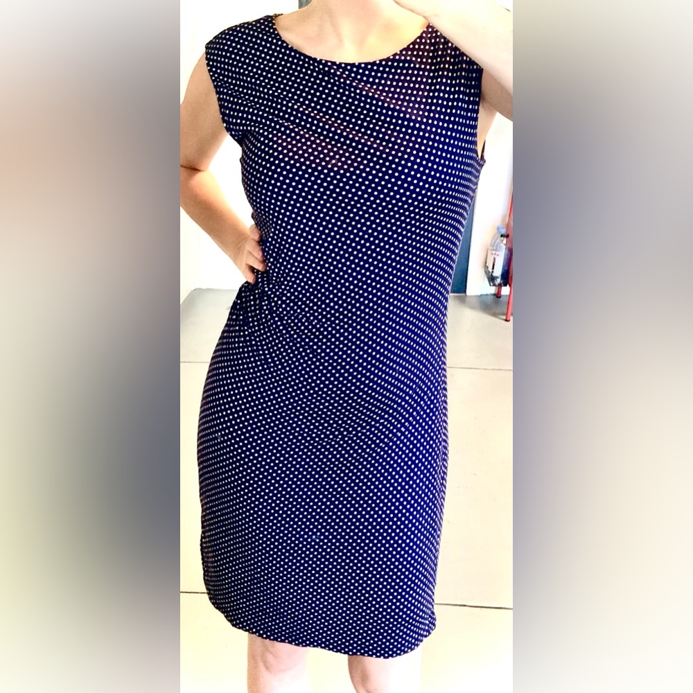 Work Casual Blue/Cream Polka Dot Dress